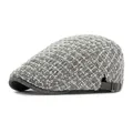 Vintage checkered grey tweed newsboy cap with side leather strap and metal buckle detail - 55-60cm (Adjustable) / Gray