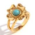 Retro 18K gold-plated stainless steel flower ring with a round green natural stone - Vintage Four-Leaf Flower Natural Stone Ring - Gold Turquoise - Size 6