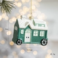 Green and white house-shaped ceramic Christmas camper hanging ornament with gold string - House Car