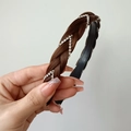 Brown braided headband with silver rhinestones and non-slip teeth for women - Four-strand Herringbone Rhinestone (2CM Wide) / Tan