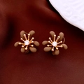 Detailed close-up of matte brown flower earrings with gold center and sparkling zircon - Silver Pin Coffee Flower / Coffee-Gold (Real Gold Plated)