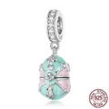 S925 sterling silver Easter egg pendant with pink enamel and sparkling zircons - BSC779 (Blue Pink Egg)