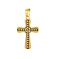 Makro-Detail des goldenen Kreuzanhängers mit Kristallen und schwarzem Emaille-Rand - HD-66 (Schwarzer Rand Edelstein Kreuz)