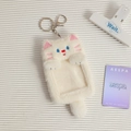 Detail of white plush cat photocard holder with transparent window and silver keychain - White Cat