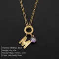 Stainless steel paperclip necklace with letter M pendant and purple zircon charm - Letter M Style (Steel) / Silver