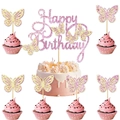 Pink and gold glitter 3D butterfly cupcake toppers and Happy Birthday cake set - Pink Large Topper + 6 Gold Glitter Butterfly Small Toppers