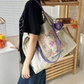 Waterproof nylon shoulder tote bag with bohemian embroidery and braided purple straps - Light Grey Colorful Paisley (No Strap)