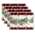 Set of four Christmas placemats with red birds and pinecone prints on linen fabric - CD62-8 (Red Bird Winter Pine)
