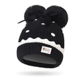 Cute black knit baby hat with white polka dots, velvet bow, and double faux fur pom-poms - One Size (3M-5Y) / Black