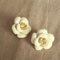 Macro detail of camellia flower stud earrings with cream petals and golden pistils - 59# Silver Earring Post - Cream White Lacquer Camellia Gold Stamen