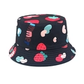 Close-up of black bucket hat with strawberry heart prints and Summer lettering - Head Circumference 52-54cm / Black