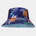 Detail of reversible sun hat showing tropical leaf print and light blue plaid lining - M (56-58cm) / Dark Blue Large Leaf & Light Blue Plaid (14#)