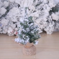 Mini albero di Natale innevato con aghi verdi e base in juta su superficie di legno - Albero di Natale Innevato 20cm