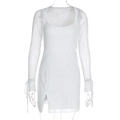 Abito bianco in mesh a doppio strato a maniche lunghe con coulisse e spacco laterale - S / Bianco
