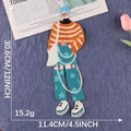 Fashion girl embroidered patch in orange striped shirt for clothing decoration, 12x4.5 inch - No. 5 - Cyan Pants Girl