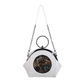 White semi-circular chain crossbody bag with black metal ring handle and elephant relief - White