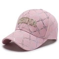 Pink baseball cap featuring gold CHINA embroidery and all-over alphabet print pattern - Pink