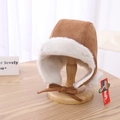 Detail of tan suede baby pilot hat with thick white faux fur lining and chin strap - 52cm Circumference (2-6 Years) / Camel