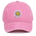 Pink washed cotton baseball cap with vintage daisy embroidery and distressed dad hat style - Adjustable / Pink