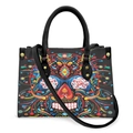 Halloween sugar skull patterned PU leather tote bag with black handles and gold rivets - Colorful Geometric Sugar Skull - Black Strap
