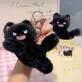 Portachiavi gatto nero in peluche con occhi blu, lingua rosa e piccolo campanello - Nero - Stile Balzo