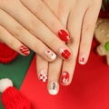 Short Christmas candy press-on nails with red and white Santa patterns and snowflakes - Santa Claus Checkerboard Style (JP2698)