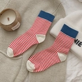 Japanese style striped crew socks in red and white with dark blue ribbed cuffs - One Size / Red Stripes