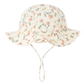 Detail of floral cotton gauze baby sun hat with adjustable drawstring and plastic cord lock - 0-12 Months / Green Orange Floral