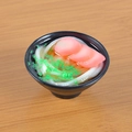 Miniature Japanese udon noodle bowl keychain with pink toppings and black bowl - Ham Udon Noodles (No Keychain) / 5cm x 2cm x 2.5cm