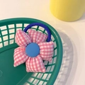 Rosa kariertes Sonnenblumen-Haargummi für Mädchen mit blauem Gummiband und Stoffblume - Rosa Karoblume