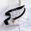 Minimalist white waist bag with black geometric triangle pattern and gold zipper detail - Geometric Print