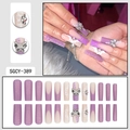 Purple French long square press-on nails with glitter, 3D butterflies and floral accents - Purple Glitter Butterfly Flower Style (SGCY-389)