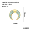 Macro detail of gold-plated crescent moon charm with blue pavé stones and precise size specs - Moon