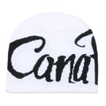 Detailed close-up of white knitted beanie featuring black cursive letter jacquard patterns - M (56-58cm) / White