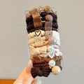 Elastic hair ties set with pearls and cute charms in brown beige and pink colors - 15 Piece Set / Coffee Brown