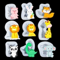 DIY silicone molds set featuring 9 cartoon animal shapes like giraffe and fox for cake decor - Transparent 9-Piece Set / Clear