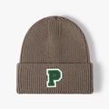 Brown ribbed knit beanie with green letter P varsity patch for winter warmth - Dark Khaki