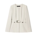 Slim fit beige women's suit jacket with round neck, textured fabric, and matching metal belt - XS / White Jacket