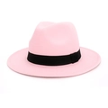 British style pink wool felt jazz fedora hat with a black ribbon band for women - M (56-58cm) / Pink