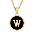 18K gold plated stainless steel necklace with black enamel round letter W pendant - Black Enamel Letter W