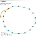 Detail of 18k gold plated stainless steel necklace with blue turquoise bead accents - Blue Cylindrical Beaded Style (S-N580)