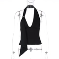 Detail of black halter top featuring metal buckle and asymmetrical pointed hemline - S / Black