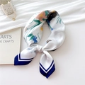Floral pearl white square silk scarf with navy striped border and colorful blossoms - Navy Blue Flower Vase / 70x70cm