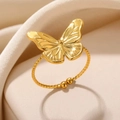 Golden butterfly ring with hollow wings and twisted rope band for women - Gold Butterfly