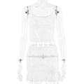 Witte bloemen kant top en mini rok set met ruches zoom gepresenteerd op een mannequin - M / Wit