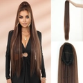 40-inch long straight drawstring ponytail hair extension in brown with gold highlights - Dark Honey Gold
