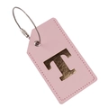 Pink PU leather luggage tag with a metallic gold letter T and secure wire cable loop - Letter T