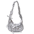 Silver quilted hobo bag with bow detail and ruched shoulder strap in metallic finish - Silver