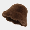 Close-up of plush faux fur texture and ruffled brim on dark brown winter bucket hat - M (56-58cm) / Dark Brown