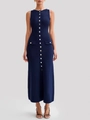 Eng anliegendes marineblaues Rippstrick-Midikleid ohne Ärmel und mit goldenen Knöpfen - S / Blau